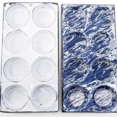 Sale Photo Thumbnail #146: (2) Blue marbled enamelware muffin tins