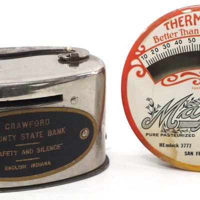 Sale Photo Thumbnail #7: Majori thermometer / Crawford Co. coin bank