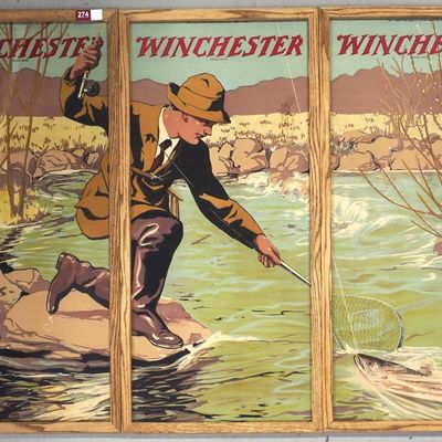 Sale Photo Thumbnail #274: RARE 3-pc Winchester 2-sided advertisement