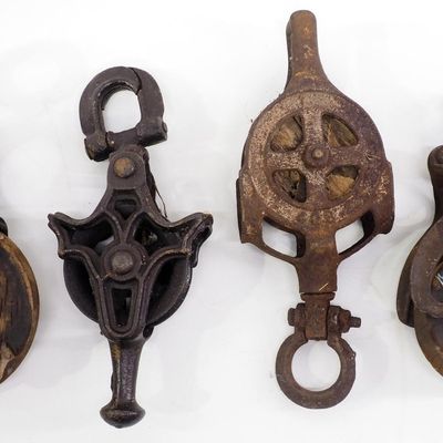 Sale Photo Thumbnail #482: (4) Cast iron & wood pulleys