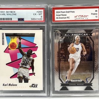 Sale Photo Thumbnail #146: 1991 Skybox Karl Malone #283 PSA EX-MT 6 & 2024 Prizm Draft Picks Angel Reese RC #6 Slabbed By Iconic Grading