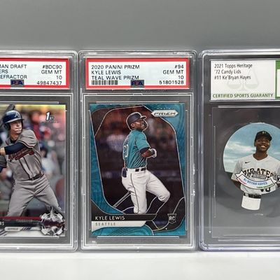 Sale Photo Thumbnail #170: 2017 Bowman Draft Drew Waters 1st Bowman Refractor RC PSA Gem Mint 10, 2020 Prizm Kyle Lewis Teal Wave RC PSA Gem Mint 10, & 2021 Heritage Ke'Bryan Hayes Candy Lids RC CSG Gem Mint 9.5