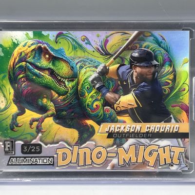 Sale Photo Thumbnail #67: 2024 Wild Card Alumination Jackson Chourio Dino-Might RC #/25 - Sealed In Mag From Wild Card