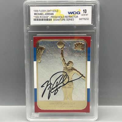 Sale Photo Thumbnail #175: 1998 Fleer 23kt Gold Embossed Michael Jordan '86 Fleer Prism Holo Refractor Signature Series - Slabbed By WCG Grading