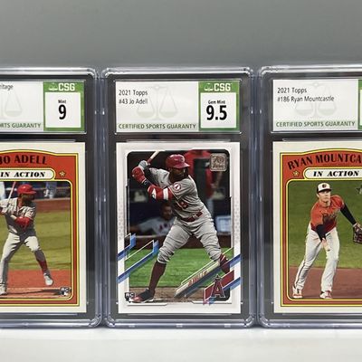Sale Photo Thumbnail #186: 2021 Topps Heritage Jo Adell In Action RC #188 CSG Mint 9, 2021 Topps Jo Adell RC #43 CSG Gem Mint 9.5, & 2021 Topps Heritage Ryan Mountcastle In Action RC #186 CSG Mint 9