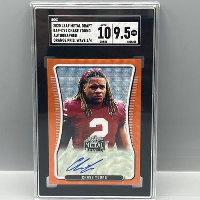 Sale Photo Thumbnail #139: 2020 Leaf Metal Draft Chase Young Orange Prism Wave RC Auto #1/4 SGC Mint+ 9.5 W/ 10 Auto Grade