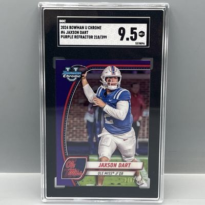 Sale Photo Thumbnail #124: 2024 Bowman University Chrome Jaxson Dart Prospect/RC Purple Refractor #/399 SGC Mint+ 9.5