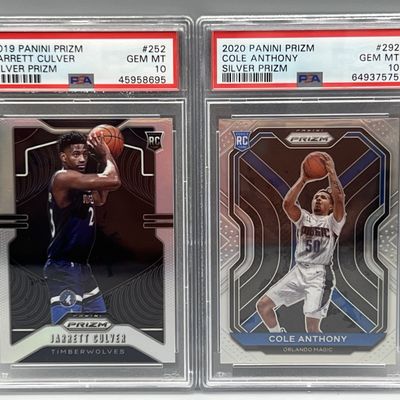 Sale Photo Thumbnail #152: 2019 Panini Prizm Jarrett Culver Silver Prizm RC #252 PSA Gem Mint 10 & 2020 Panini Prizm Cole Anthony Silver Prizm RC #292 PSA Gem Mint 10