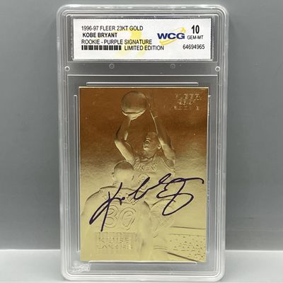 Sale Photo Thumbnail #195: 1996-97 Fleer 23kt Gold Embossed Kobe Bryant Purple Facsimile Signature Limited Edition - Slabbed By WCG Grading