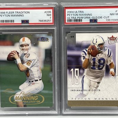 Sale Photo Thumbnail #176: 1998 Fleer Tradition Peyton Manning RC #235 PSA NM 7 & 2004 Ultra Performers Gold Die Cut #11 PSA NM-MT 8