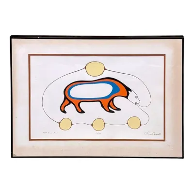 Sale Photo Thumbnail #44: Framed and matted Indigenous Woodland style art print titled "Medicine Bear" by artist Isaac Bignell, featuring a stylized bear and sun motifs in bold orange, blue, and yellow tones.