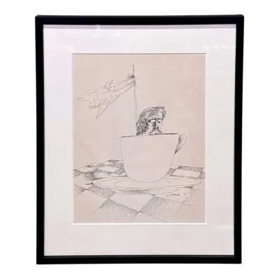 Sale Photo Thumbnail #43: Framed surrealist ink drawing depicting a man in a teacup, signed and dated 1973, presented in a black frame with a white mat.