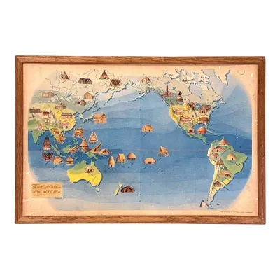 Sale Photo Thumbnail #48: Vintage framed educational map titled "Native Dwellings of the Pacific Area" by Miguel Covarrubias, featuring illustrations of traditional housing styles around the Pacific Rim.