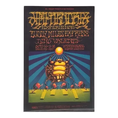 Sale Photo Thumbnail #144: Vintage 1968 Jimi Hendrix Experience concert poster for the Winterland shows, featuring artwork by Rick Griffin with a psychedelic scarab beetle design.