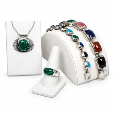 Sale Photo Thumbnail #11: Collection of sterling silver jewelry featuring a malachite pendant necklace, a matching malachite ring, and two multi-stone link bracelets set with turquoise, lapis, malachite, and other gemstones.