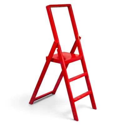 Sale Photo Thumbnail #121: Vintage red painted wooden step stool ladder with a safety handrail, showing a glossy finish and sturdy construction.