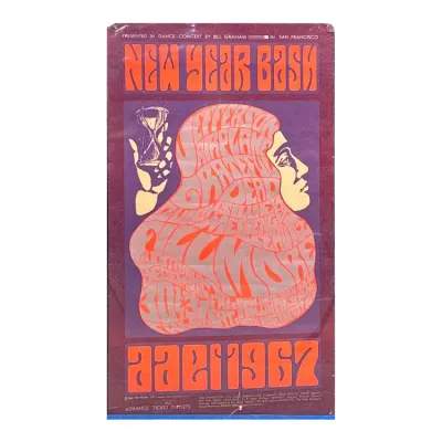 Sale Photo Thumbnail #147: Vintage 1966 Bill Graham New Year Bash concert poster, featuring Jefferson Airplane, Grateful Dead, and Quicksilver Messenger Service at the Fillmore Auditorium.