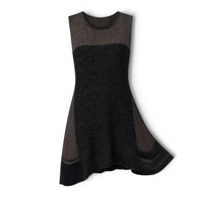 Sale Photo Thumbnail #28: Sleeveless knit A-line dress featuring a metallic black body with contrasting textured grey panels at the chest and sides.