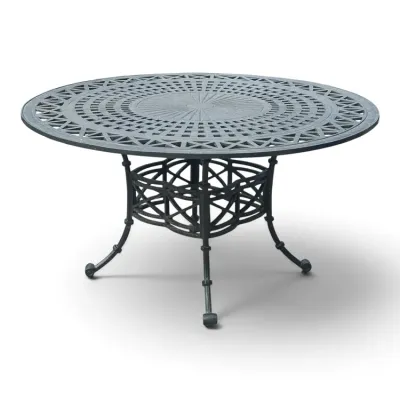 Sale Photo Thumbnail #230: Round cast aluminum patio dining table with a dark finish, featuring an intricate openwork geometric pattern on the tabletop and a decorative pedestal base.