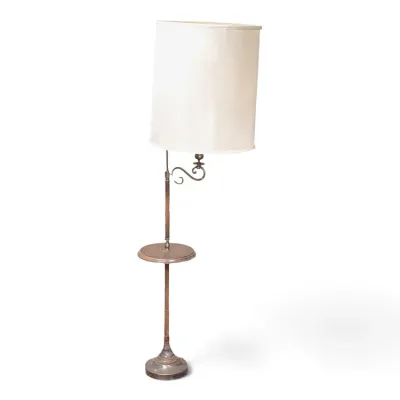 Sale Photo Thumbnail #166: Vintage metal bridge floor lamp featuring an integrated circular wooden tray table and a tall white drum shade.
