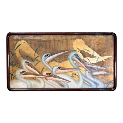 Sale Photo Thumbnail #62: Vintage Asian-style painting on panel depicting a flock of pelicans against a gold leaf background, housed in a dark wood frame with rounded corners.