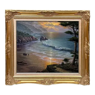 Sale Photo Thumbnail #77: Original oil painting depicting a coastal sunset scene with waves crashing on a sandy beach, housed in an ornate, gilded rococo-style frame.