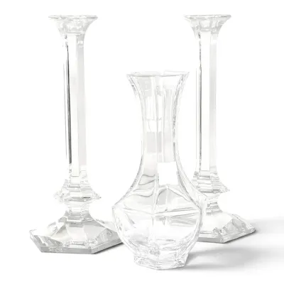 Sale Photo Thumbnail #202: Pair of elegant cut crystal candlestick holders alongside a matching small crystal bud vase, featuring a classic faceted design.