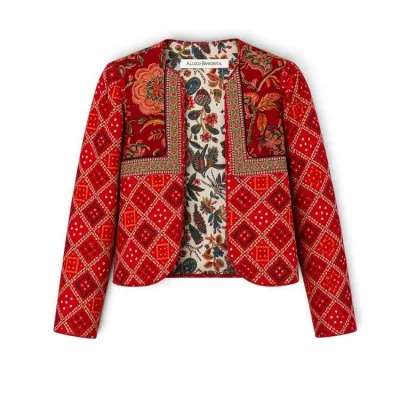 Sale Photo Thumbnail #24: Alix of Bohemia red patterned quilted jacket featuring a mix of floral and geometric prints with a contrasting floral lining.