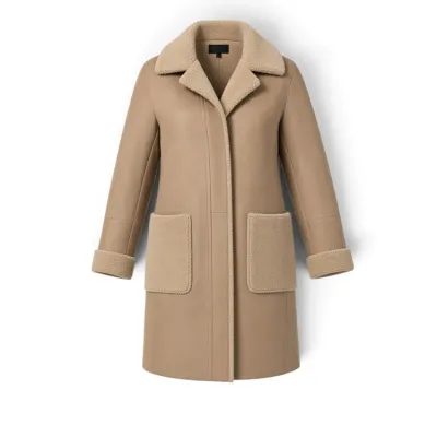 Sale Photo Thumbnail #30: Tan leather shearling coat featuring a plush collar, cuffs, and front patch pockets.