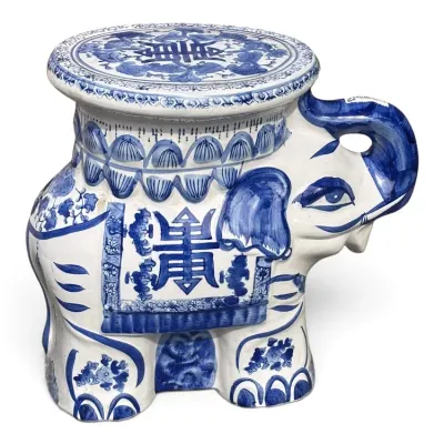 Sale Photo Thumbnail #232: Vintage Chinese blue and white glazed ceramic elephant garden stool, featuring intricate hand-painted floral and geometric motifs.