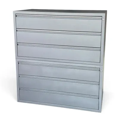 Sale Photo Thumbnail #233: Two stacked gray metal lateral filing cabinets, each featuring three wide drawers with integrated pull handles and individual locks.