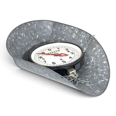 Sale Photo Thumbnail #236: Vintage Detecto hanging scale with a galvanized metal scoop tray and chain attachment.