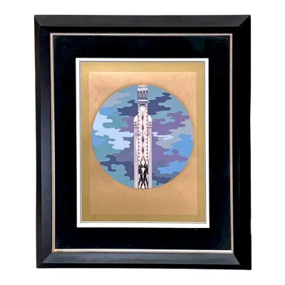 Sale Photo Thumbnail #53: Erté limited edition serigraph titled "The Tower," featuring an Art Deco design with gold foil accents, presented in a black frame with a velvet mat.