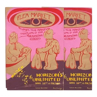 Sale Photo Thumbnail #153: Pair of vintage 1970s psychedelic flea market flyers designed by Dan Ewing for Horizon's Unlimited in San Francisco.