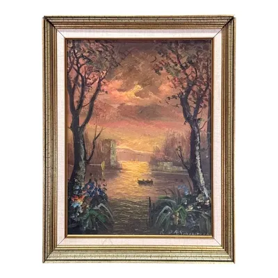Sale Photo Thumbnail #59: Vintage oil painting depicting a scenic river landscape at sunset, framed in a classic gold-toned wooden frame with a linen liner.
