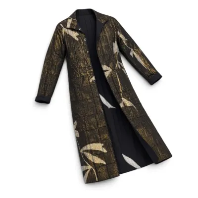 Sale Photo Thumbnail #26: Reversible quilted long coat featuring a metallic gold and black textured leaf pattern on one side, and a solid black lining with subtle white leaf accents on the other.