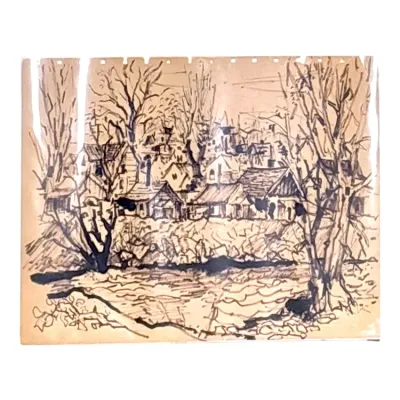 Sale Photo Thumbnail #57: Vintage ink sketch on paper depicting a village landscape with houses and bare trees along a riverbank.