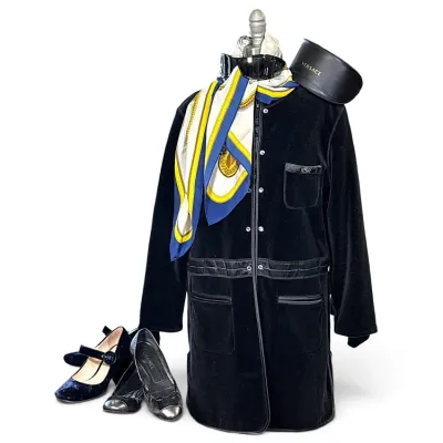 Sale Photo Thumbnail #22: Vintage designer fashion collection featuring a black velvet coat styled with a silk scarf, Versace hat, sunglasses, and Chanel heels.