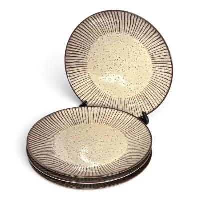Sale Photo Thumbnail #216: Set of four stoneware plates featuring a speckled beige center and a brown ribbed rim, in excellent condition.