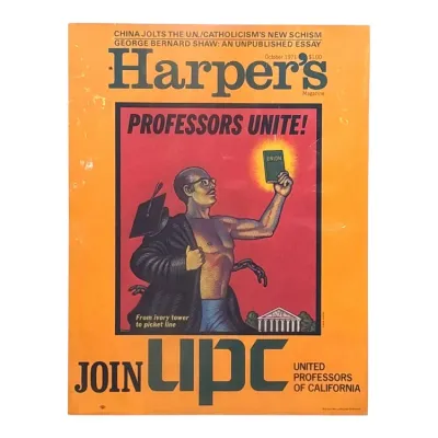 Sale Photo Thumbnail #154: Vintage October 1971 issue of Harper's Magazine featuring a cover illustration promoting the United Professors of California union.