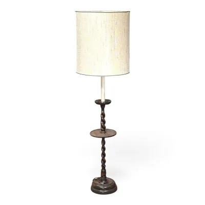 Sale Photo Thumbnail #165: Vintage barley twist wooden floor lamp featuring a small integrated drink table and a tall cylindrical fabric shade.