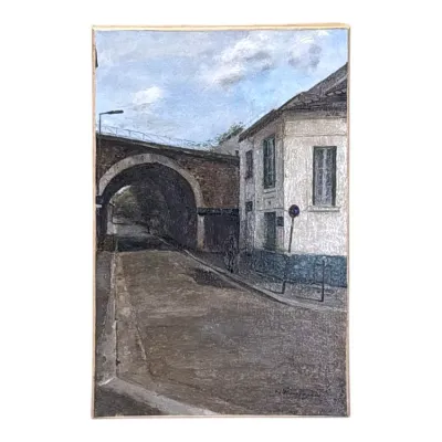 Sale Photo Thumbnail #69: Original oil painting on canvas depicting a European street scene with a stone archway and building, signed by the artist in the lower right corner.