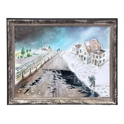 Sale Photo Thumbnail #40: Folk art style oil painting depicting a winter landscape with a figure walking near snow-covered houses, housed in a distressed silver-gilt frame.