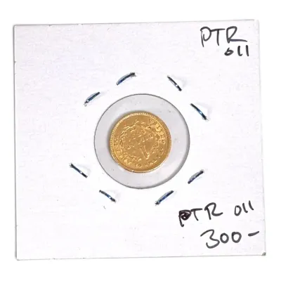 Sale Photo Thumbnail #130: United States 1853 one dollar gold coin, housed in a stapled cardboard 2x2 holder with handwritten pricing and inventory markings.