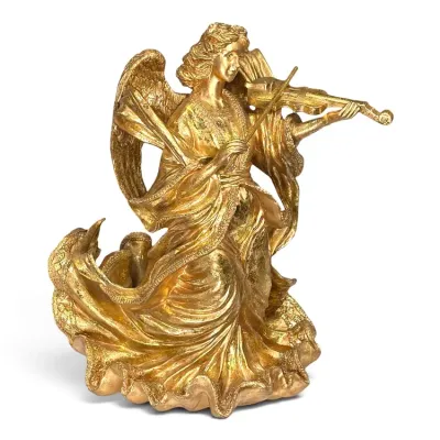 Sale Photo Thumbnail #179: Gilded angel figurine playing a violin, featuring intricate drapery and a textured gold finish.