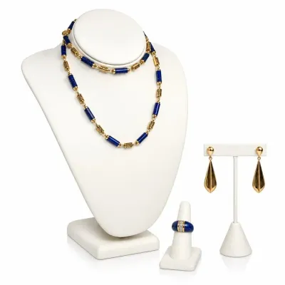 Sale Photo Thumbnail #2: Vintage lapis lazuli and 14k gold jewelry set, featuring a beaded necklace, a matching ring with diamond accents, and a pair of gold teardrop dangle earrings.