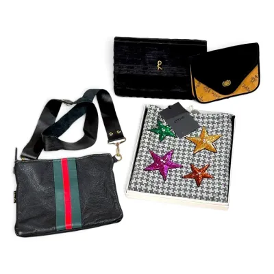 Sale Photo Thumbnail #21: Collection of designer accessories including a black leather crossbody bag with green and red stripes, a Roberta di Camerino velvet clutch, a vintage Emilio Pucci clutch, and a boxed Attico houndstooth scarf with sequined star patches.