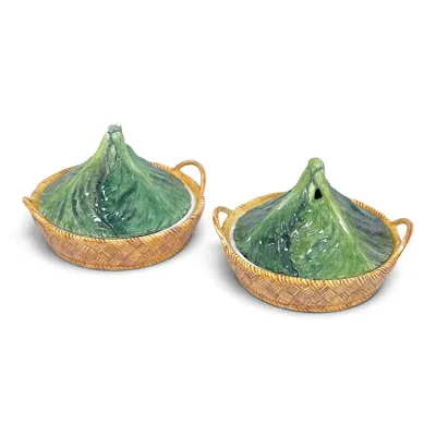 Sale Photo Thumbnail #195: Pair of vintage majolica-style ceramic lidded dishes, featuring woven basket-weave bases and green cabbage leaf lids with stem handles.