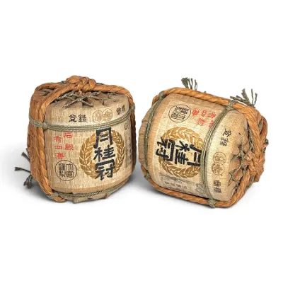 Sale Photo Thumbnail #207: Pair of vintage Japanese Gekkeikan sake barrels wrapped in traditional straw rope, featuring classic printed branding and kanji characters.