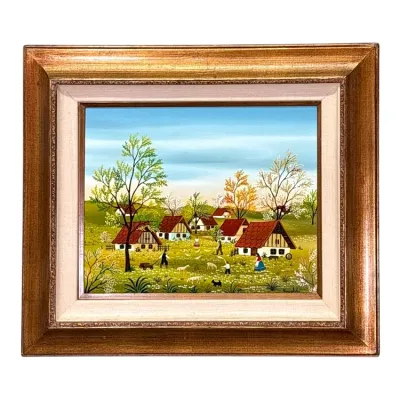 Sale Photo Thumbnail #41: Folk art oil painting depicting a European village scene with figures and cottages, signed by Kowalski, housed in a gilt wood frame with a linen liner.